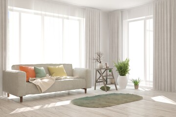 White living room with sofa. Scandinavian interior design. 3D illustration