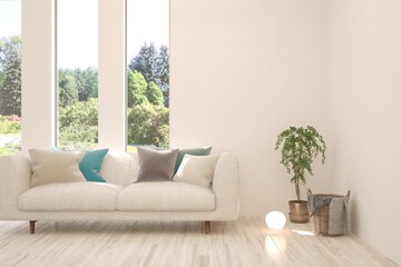 White living room with sofa and summer landscape in window. Scandinavian interior design. 3D illustration