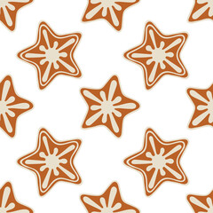 Fototapeta na wymiar Christmas cookies seamless pattern. Hand drawn star shaped Christmas cookies endless background. Part of set.