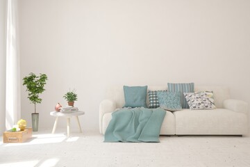White living room with sofa. Scandinavian interior design. 3D illustration