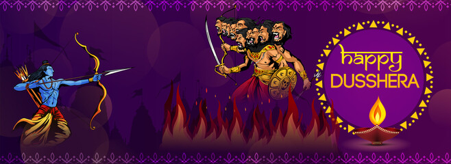 Greeting card of happy dusshera with bow and illustration of Lord Rama killing Ravana in Navratri festival of India(Hindu holiday Vijayadashami). Vector illustration.