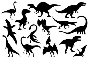 Collection silhouettes of dinosaurs skeletons. Vector hand drawn dino skeletons. Exhibit fossils in the museum. Sketch set