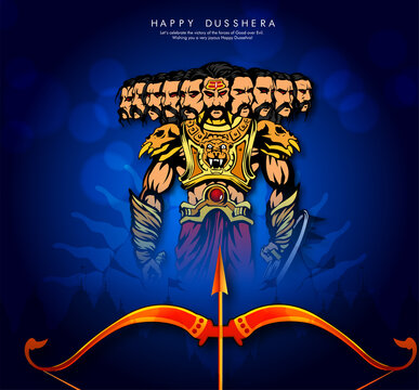 Greeting card of happy dusshera with bow and illustration of Lord Rama killing Ravana in Navratri festival of India(Hindu holiday Vijayadashami). Vector illustration.