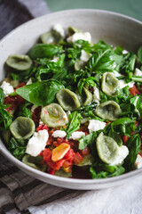 Green orecchiette with arugula tomato sauce and goat cheese on a green surface