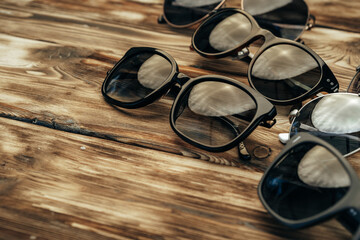 Fototapeta na wymiar Set of dark sunglasses on brown wooden surface