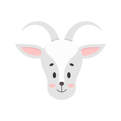 Cute goat head vector icon isolated on white background. Farm animal happy goat face cartoon character. Flat style graphic design element illustration.
