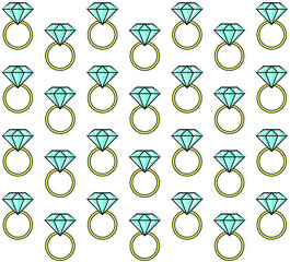 Set of color vector illustrations with black outline. Pattern on a girly theme. Cartoon images of a gold ring with a large diamond.