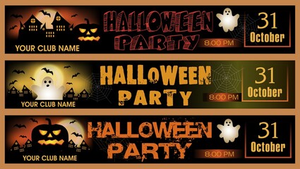 Naklejka premium Halloween Party banner collection. Background with pumpkin and ghost. Vector