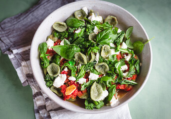 Green orecchiette with arugula tomato sauce and goat cheese on a green surface