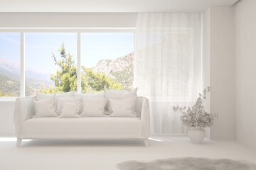 White living room with sofa and summer landscape in window. Scandinavian interior design. 3D illustration
