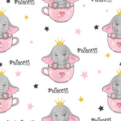 Seamless cute elephant princess pattern. Baby print, kids textile design