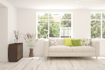 White living room with sofa and summer landscape in window. Scandinavian interior design. 3D illustration