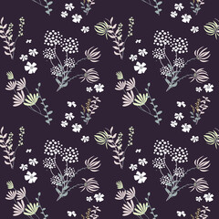 Abstract seamless pattern with leaves and flowers. Vector background for various surface. Trendy hand drawn textures.