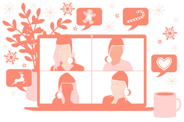 Christmas video call conference or meeting people with Christmas hats talking about the news and global events. Stream friends. Chatting from home. Vector flat illustration.