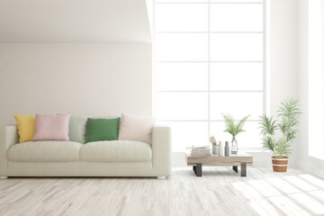 White living room with sofa. Scandinavian interior design. 3D illustration