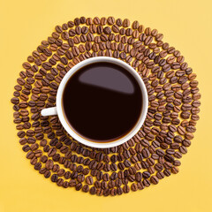 White cup and coffee beans on a yellow background. Creative concept for coffee shops. Top view, copy space, minimalism, conceptual flat lay.