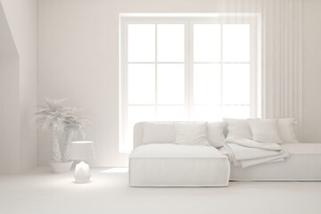 White minimalist living room with sofa. Scandinavian interior design. 3D illustration