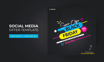 Black Friday super offer banner, Social media post template with grey background
