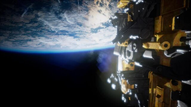 spaceship with view on space and planet Earth 3D rendering elements of this image furnished by NASA