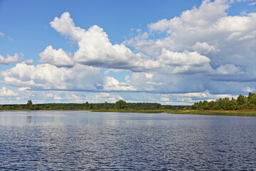 Beautiful Medveditsa river bank with green trees and grass stripe on Horizon on blue sky with white clouds and calm water background at summer day, scenery Russian natural landscape view