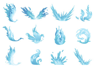 Fototapeta na wymiar Water splash. Blue water waves set, wavy liquid symbols of nature in motion. Isolated vector design elements