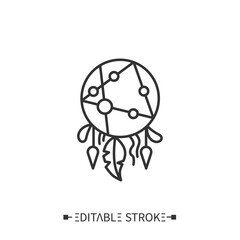 Indian shield line icon. Outline drawing. Protective tribal weapon. Native American culture, attributes.Boho ethnic element. Dream catcher. Decoration. Isolated vector illustration. Editable stroke 