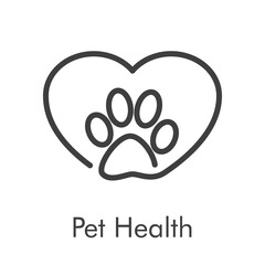 Asistencia sanitaria para mascotas. Logotipo lineal zarpa de gato con corazón en color gris