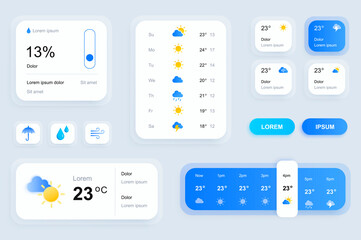 GUI elements for weather forecast mobile app. Temperature, atmospheric pressure, weather condition user interface generator. Ui ux toolkit vector illustration. Current and hourly forecast components. - obrazy, fototapety, plakaty