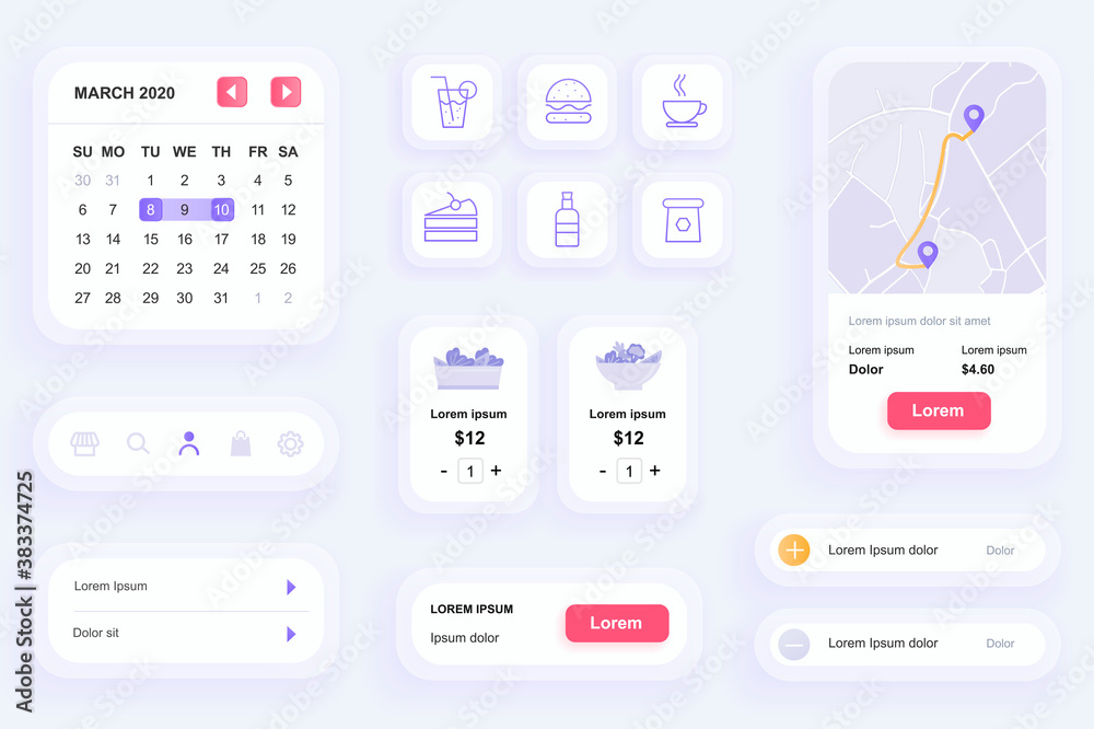 Poster GUI elements for food delivery mobile app. Online food order and catering service user interface generator. Unique ui ux design kit vector illustration. Schedule, menu and route on map components.