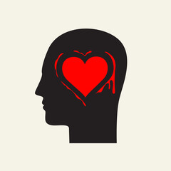 Black silhouette of a human head in profile with a red heart in the brain area. Decorative vector banner, icon, logo or avatar. The concept of unhappy love