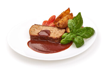 Baked traditional meatloaf slices with red sauce, isolated on white background