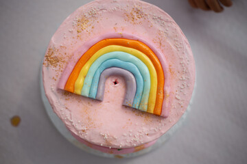 Pink rainbow cake party food close up still