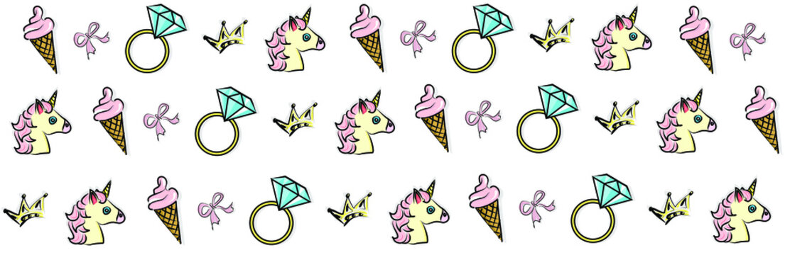 Set of color vector illustrations with black outline. Pattern on a girly theme. Cartoon images of baby, ice cream, crown, bow and unicorn.