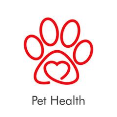 Asistencia sanitaria para mascotas. Logotipo lineal zarpa de gato con corazón en color rojo