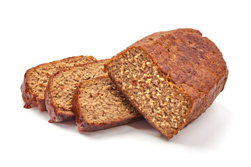 Baked turkey meatloaf, isolated on white background