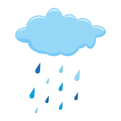 Cloud and rain isolated on white illustration. Autumnal cartoon of falling droplet. Raindrops and cumulus on white background. Clipart of forecast graphic elements. Blue water drops in rainy autumn