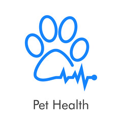 Asistencia sanitaria para mascotas. Logotipo lineal zarpa de gato con pulso cardíaco en color azul
