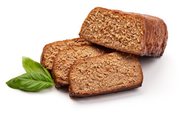 Traditional American meatloaf, isolated on white background