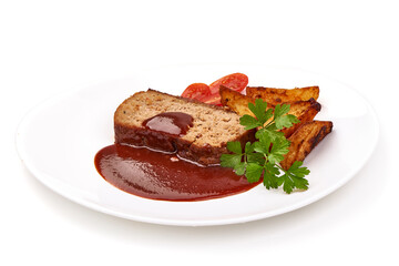 Traditional American meatloaf slices with sauce, isolated on white background