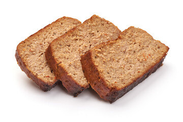 Homemade ground baked turkey meatloaf, isolated on white background
