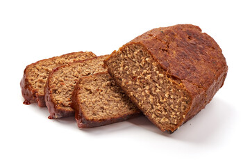 Homemade ground baked turkey meatloaf, isolated on white background