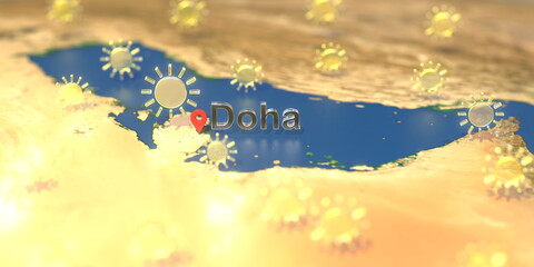 Doha city and sunny weather icon on the map, weather forecast related 3D rendering