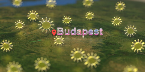 Budapest city and sunny weather icon on the map, weather forecast related 3D rendering