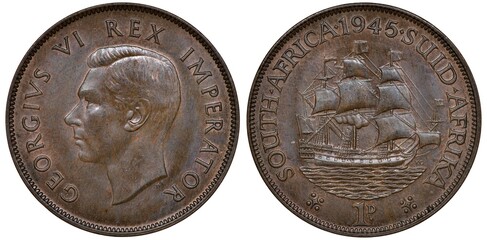 British South Africa bronze coin 1 one penny 1945, head of King George VI left, sailing ship, English and Afrikaans legends around, 