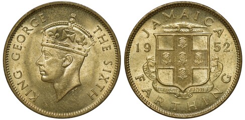 Naklejka premium Jamaica Jamaican coin 1 one farthing 1952, head of King George VI left, shield with cross and pineapples divides date, 