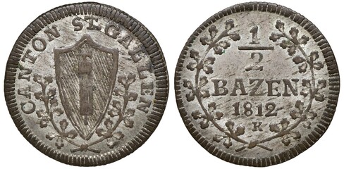 Switzerland Swiss Canton Saint Gallen billon coin 1/2 half batzen 1812, shield with fascine flanked...