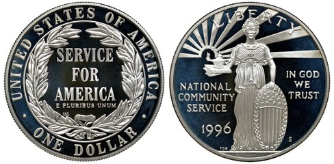 United States US silver coin 1 one dollar 1996, subject National Community Service, sign and motto within wreath, woman holding book, radiant oil lamp and shield with stars and stripes,