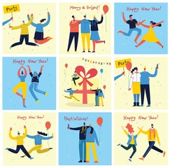 Vector cartoon illustration of Happy group of people celebrating new year, jumping on the party.