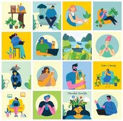 Stay and work at home. People staying at home doing different activity: seat at sofa, jump, work, celebrate, play, do sport, read at home. Vector colorful modern illustration collage