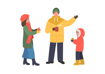 Family drink hot drinks, tea or coffee outdoors. Woman, man and girl in winter warm clothes.